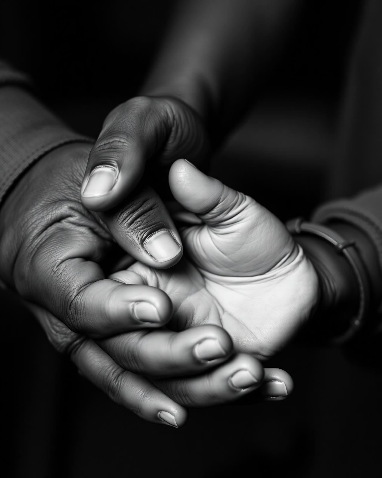 An adult hand gently guiding a child's hand