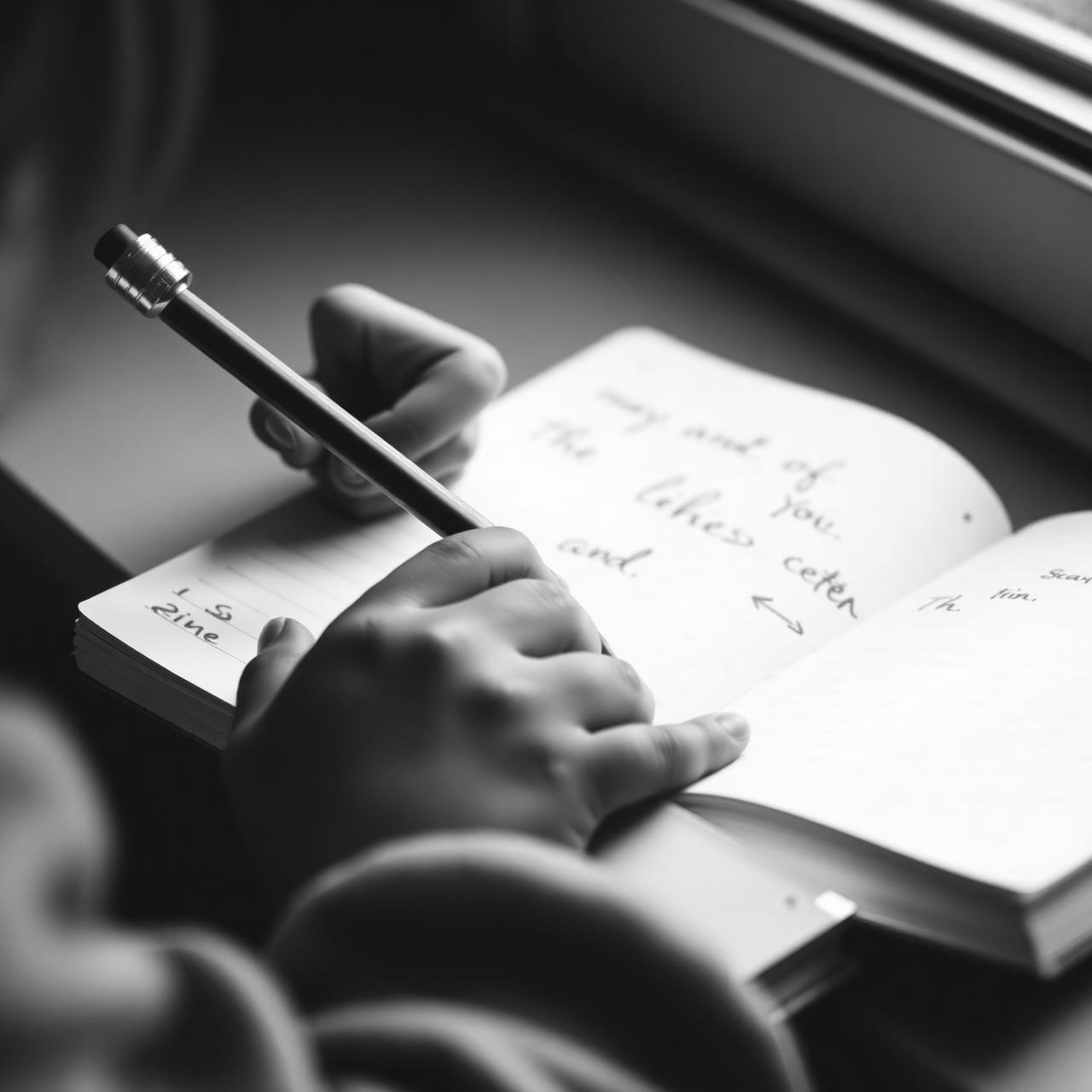 A child's hand writing in a notebook
